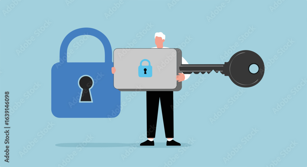 Aufkleber password protection concept with person holding digital device and large key. secure data encryption