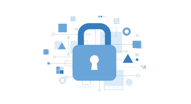 Password protection concept with blue padlock symbol and digital data shapes. Password protection image shows secure lock and digital elements. Password protection graphic for website design,