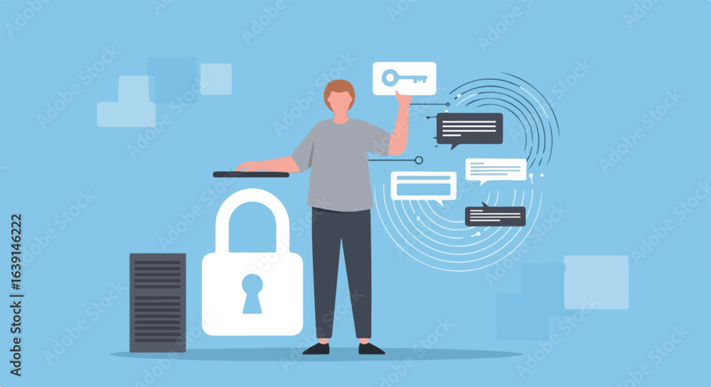Poster password protection concept with person securing digital data. illustration shows secure data protec