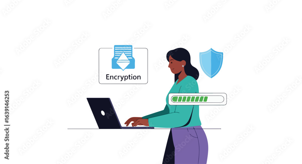 Poster password protection on laptop with digital encryption ensures data safety. password protection syste
