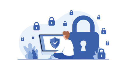 Fototapeta premium Password protection concept with person working on computer and large padlock. Secure password protection ensures data privacy and online safety.