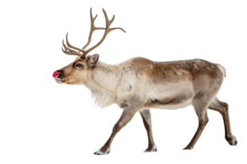 Reindeer with red nose walks gracefully, embodying spirit of Christmas. This majestic animal symbolizes holiday joy and festive cheer