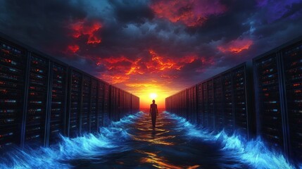 Silhouette of a person walking through a flooded pathway between tall server racks with glowing blue lights under a dramatic fiery sunset sky
