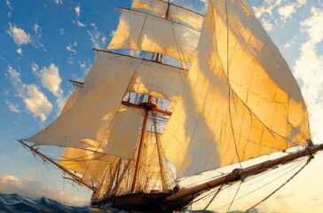 Tall sailing ship with large sunlit sails gliding on calm blue ocean under cloudy sky during golden hour