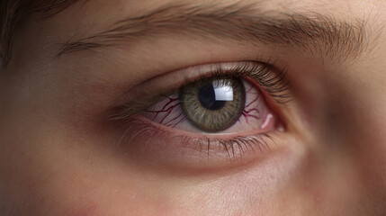 Obraz premium Beautiful, unusual, bright eye close-up with details of light blue iris. Ophthalmologist, buying glasses and optics, advertising vision