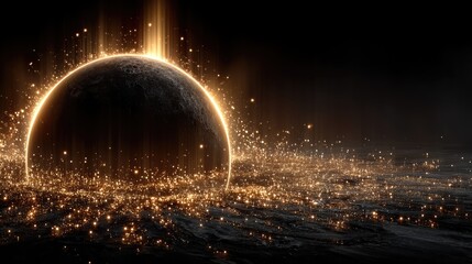 Glowing Gold Sphere on Dark Background with Light Particles