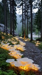 Glowing Mushrooms Forest Path at Night