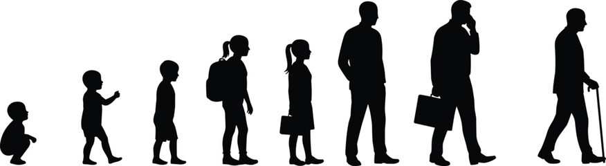 Human Life Stages Silhouette, Growth from Childhood to Old Age, Evolution of Man, Aging Process Vector Illustration, Timeline