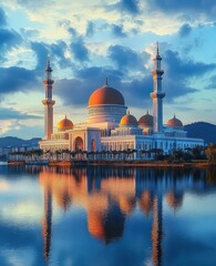Fototapeta premium Grand mosque with domes and minarets reflecting beautifully in calm water under a vibrant blue sky with scattered clouds at sunset