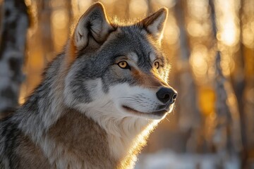 Fototapeta premium Close-up of a majestic wolf with sharp amber eyes in a sunlit forest during golden hour showing detailed fur texture and focused expression