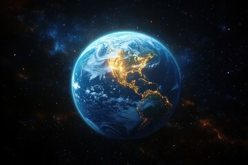 Fototapeta premium View of Earth from space showing illuminated cities across North and South America against a dark starry background, evoking a sense of global connectivity and scale