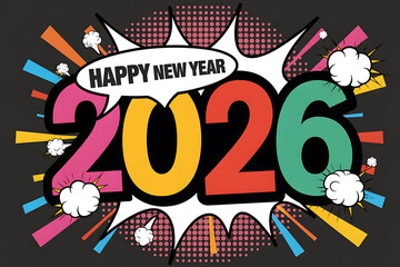 Happy New Year 2026 Celebration Comic Style Pop Art Graphic Design Fun Party Theme Colorful Holiday Wishes Modern