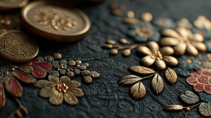 Gold Embossed Floral Motif on Matte Dark Background