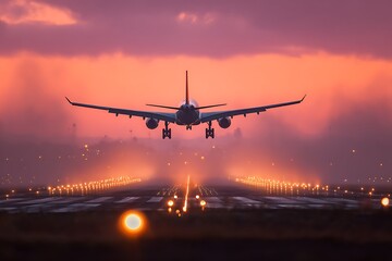 Passenger airplane landing on runway during sunset