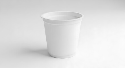 A single empty white plastic disposable cup for yogurt or dessert on a plain white background.