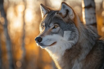 Fototapeta premium close-up of a gray wolf looking attentively to the side with a blurred autumn forest background during golden hour