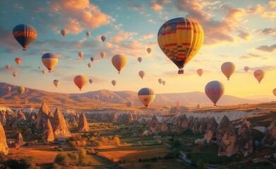 Obraz premium Sunset sky filled with numerous colorful hot air balloons floating over a rocky landscape with unique pointed rock formations and scattered greenery