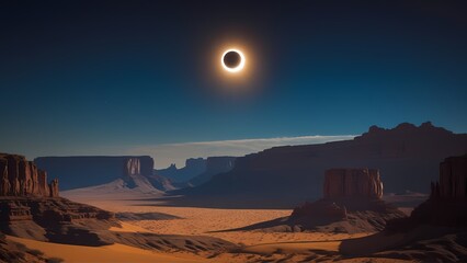 Naklejka premium A total solar eclipse casts a dramatic shadow over a vast desert landscape with towering rock formations.