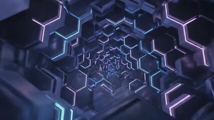 Intricate digital rendering of a futuristic tunnel composed of hexagonal structures with vibrant neon lighting. - Powered by Adobe