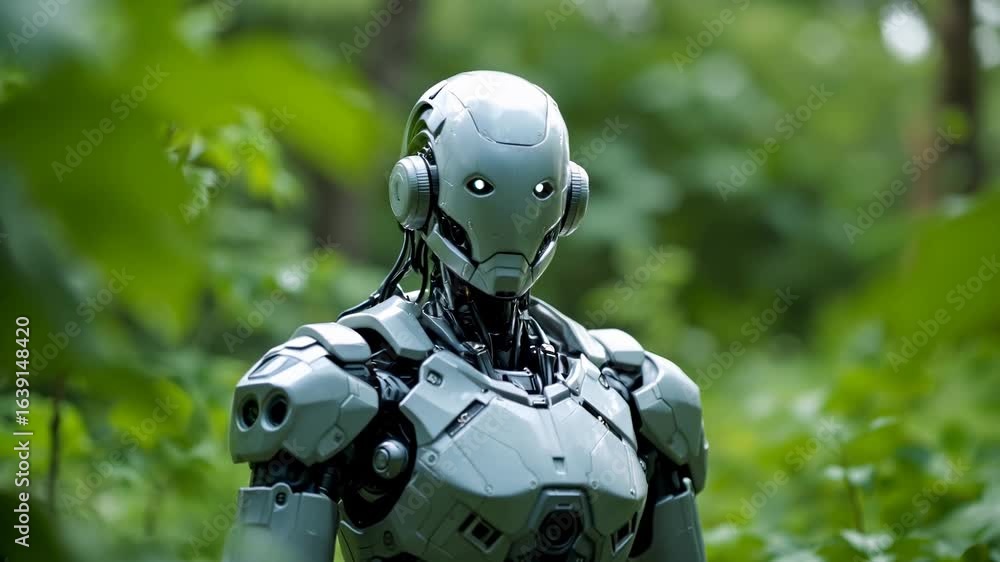 Poster a metallic robot in a forest setting, blending nature and futuristic technology.