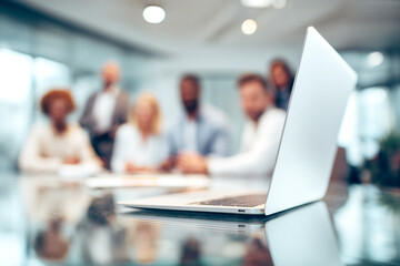 Silver laptop on a reflective table in a blurred business meeting office technology
