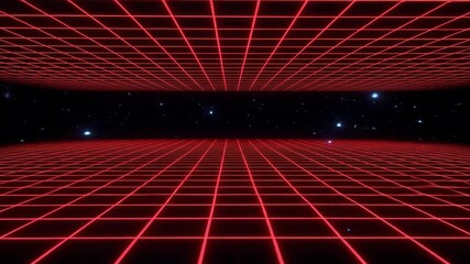 A vibrant digital art piece showcasing a red grid with a perspective view against a dark starry background.
