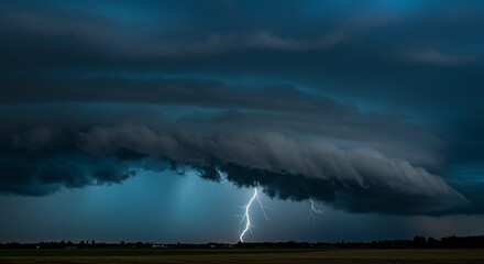 Dramatic nighttime thunderstorm with a powerful lightning bolt striking the ground beneath a dark, ominous sky.