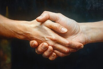 Fototapeta premium Close-up of two people shaking hands symbolizing agreement, trust, and cooperation with detailed skin texture and natural lighting