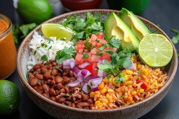Colorful and fresh bowl with rice, beans, corn rice mix, diced tomatoes, red onions, avocado slices, lime wedge and cilantro garnished for a healthy meal
