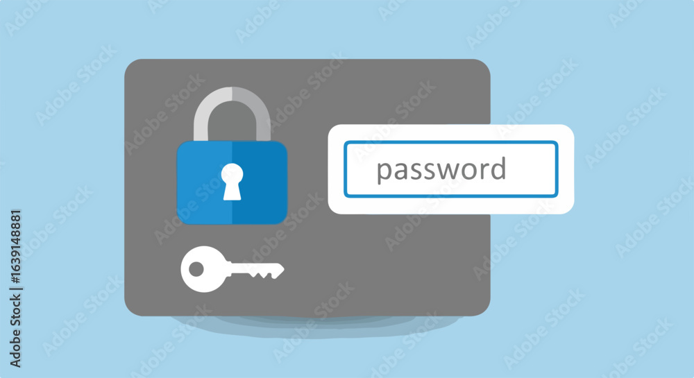Poster password protection on digital device with lock and key. password protection graphic includes secure