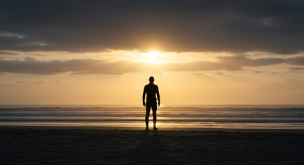 Solitary Strength Mans Silhouette Against a Golden Ocean Sunset.
