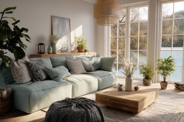 Fototapeta premium Cozy spring living room with Easter decor, showcasing natural light and a tranquil view of green landscapes through large windows
