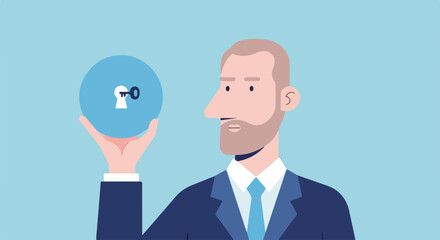 Password protection is essential, man in suit holding up password protection concept, featuring keyhole symbol. Password protection setup for digital security, illustrating secure access.