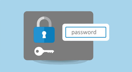 Password protection on digital device with lock and key. Password protection graphic includes secure key and padlock icon. Secure password protection concept for online banking websites,