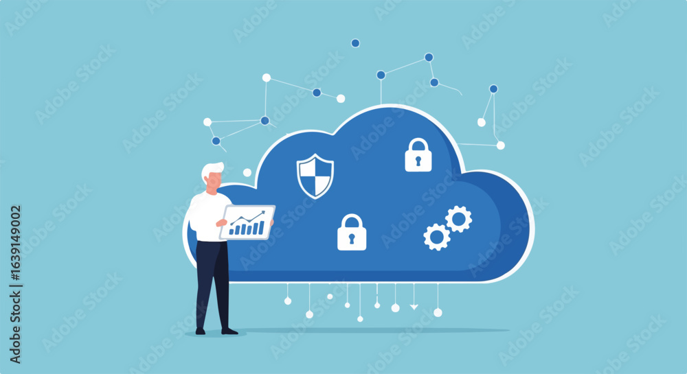 Poster network security cloud computing concept. senior businessman analyzing data on laptop. cloud securit