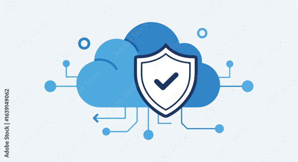 Poster cloud security with shield and checkmark symbolizes protection of online data. cloud security includ