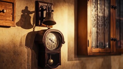 An antique wall clock with a bell, mounted on a textured beige wall, casts a shadow