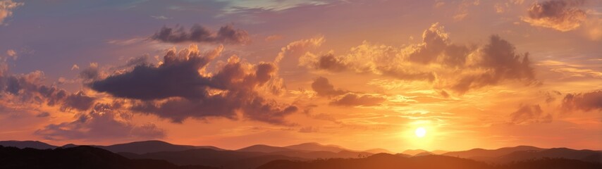 Fototapeta premium Sunset over mountains hdr panorama nature landscape tranquil environment wide angle view