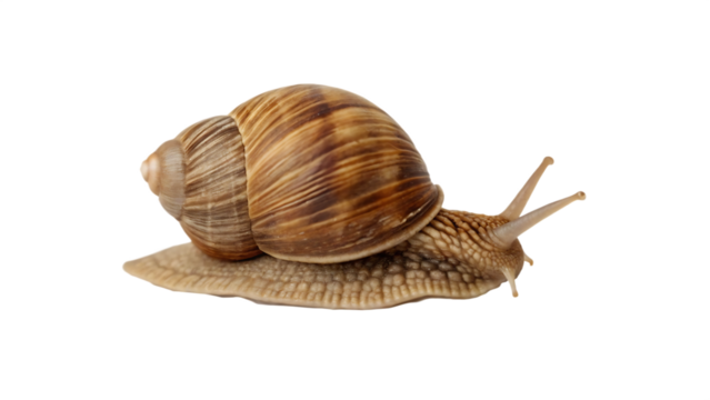 Brown shelled snail crawling on white background isolated on a transparent background