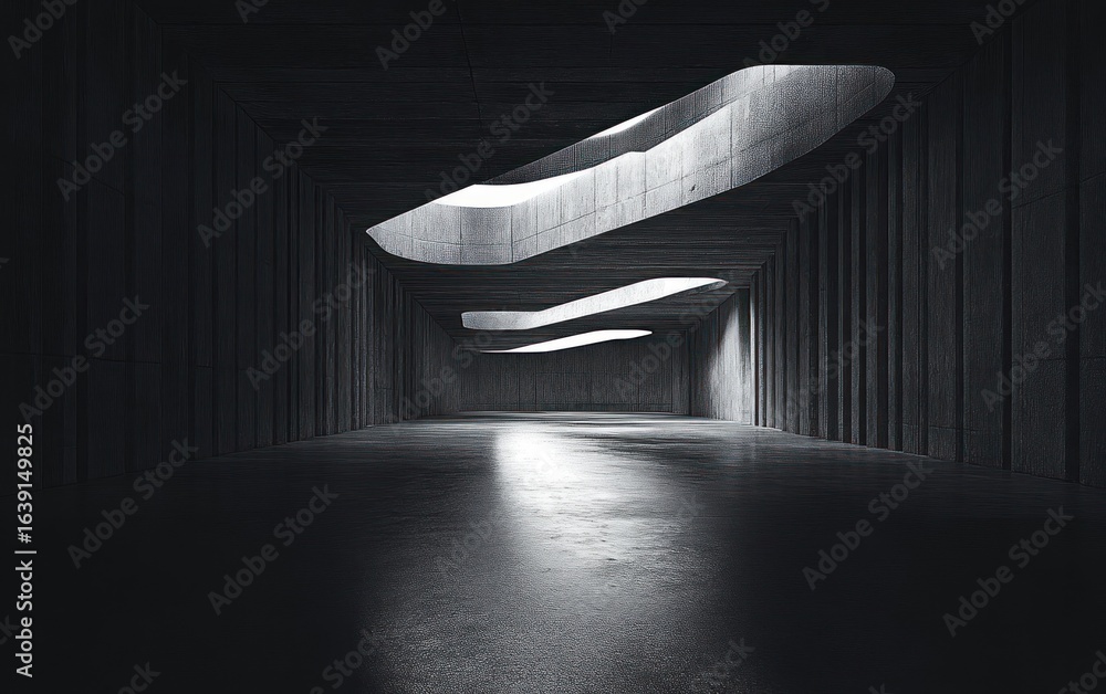 Poster empty dark concrete corridor with curved skylights casting light streams on polished floor, evoking 
