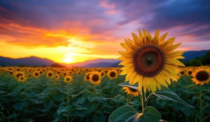 Fototapeta premium Bright sunflower standing tall in a vast field of sunflowers under a vibrant colorful sunset sky with mountains in the background, evoking warmth and tranquility