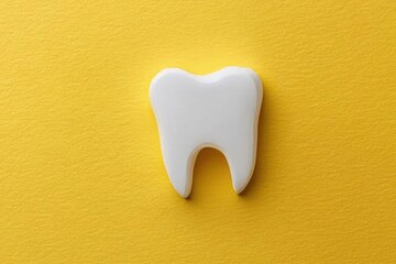 Fototapeta premium Clean white tooth model on bright yellow textured background symbolizing dental health care