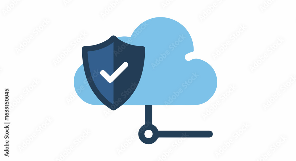 Poster cloud security icon, showing shield icon with checkmark on cloud computing platform, is essential fo