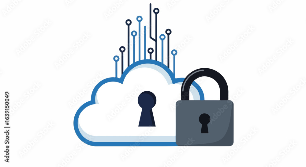 Poster cloud security on digital network with closed padlock. cloud security provides robust data protectio