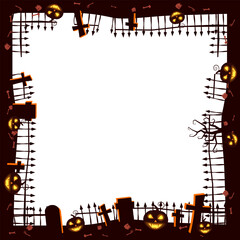 Halloween background frame. Cemetery abandoned, fence, pumpkins
