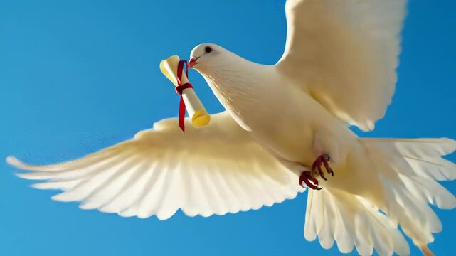 White dove in flight with scroll