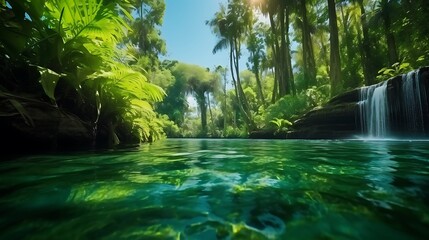 Low angle perspective of waterfall through jungle ferns, green lake at the base sparkling in soft spring light, trees glowing with vibrant hues under clear sky