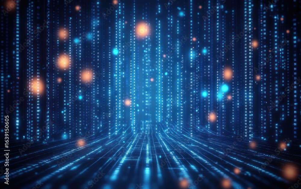 Aufkleber glowing blue vertical digital code streams with scattered orange light particles creating a futurist