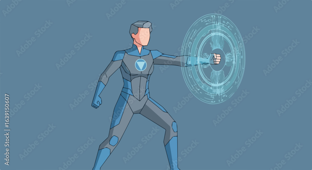 Poster network security cloud with human figure shows shield cyber, displaying data encryption to protect i