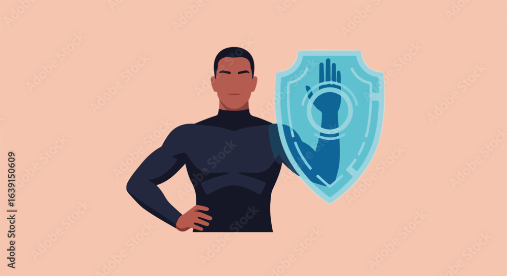 Poster presenting cyber security featuring a man holding cyber security shield. cyber security and password